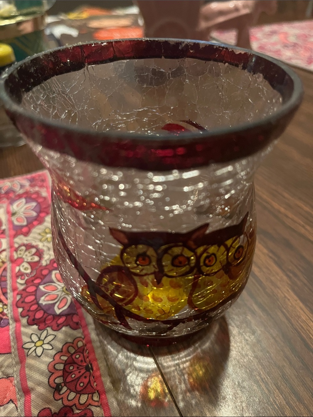 Decorative Crackle Glass Owl Votive - Yellow and Red